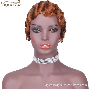 Vigorous Cheap 100% Real Human Hair Finger Wave Wig Pixie Cut Short Light Auburn Curly Wigs for African American Women